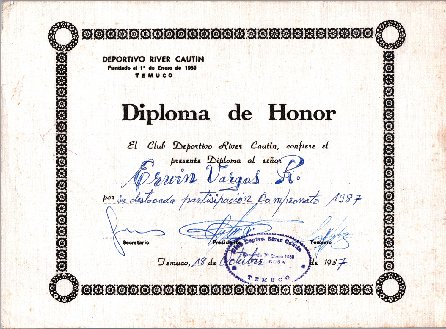 Diploma de honor River Cautín Diploma de honor River Cautín