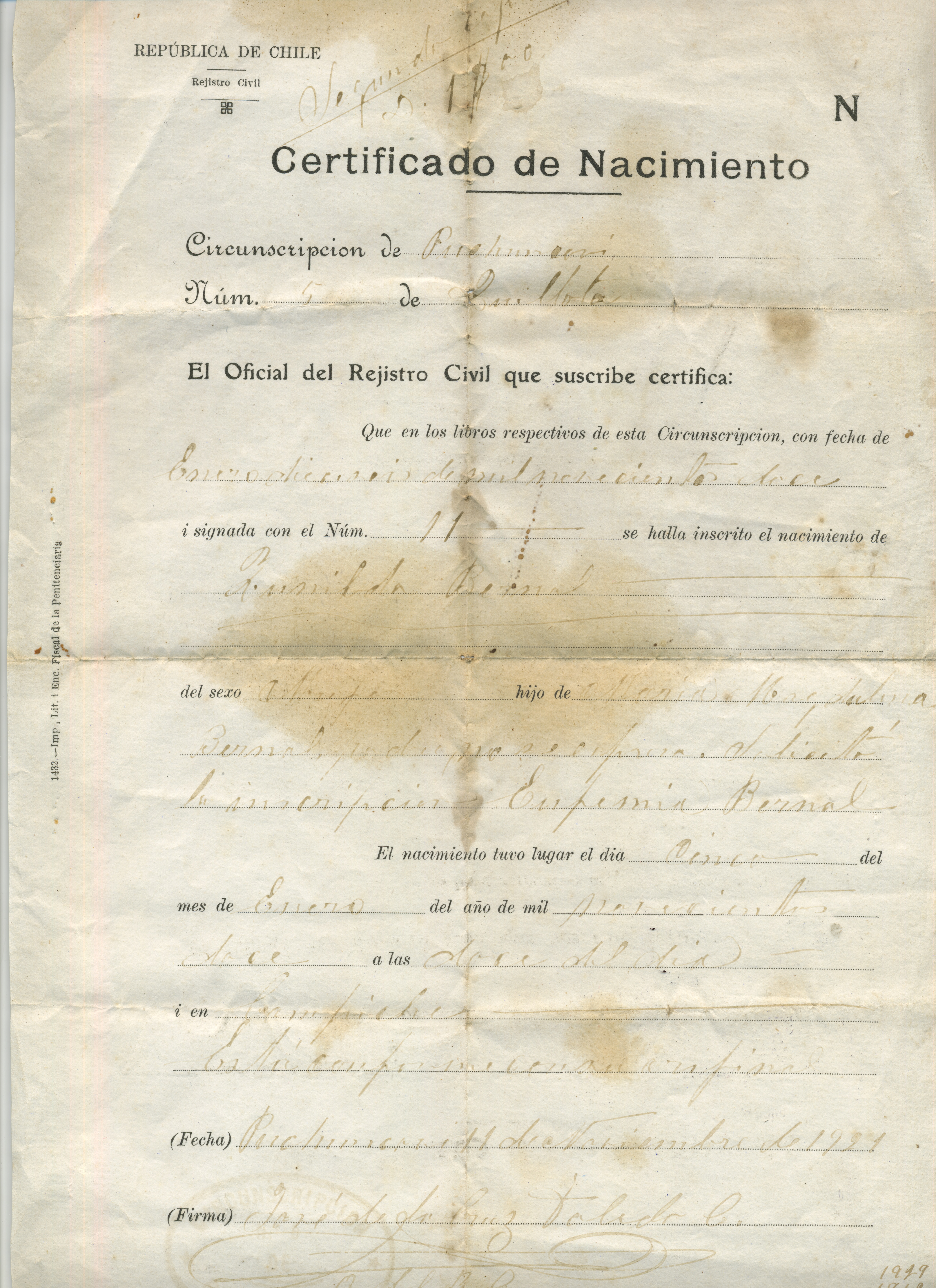 Certificado de nacimiento de Zunilda Bernal Certificado de nacimiento de Zunilda Bernal