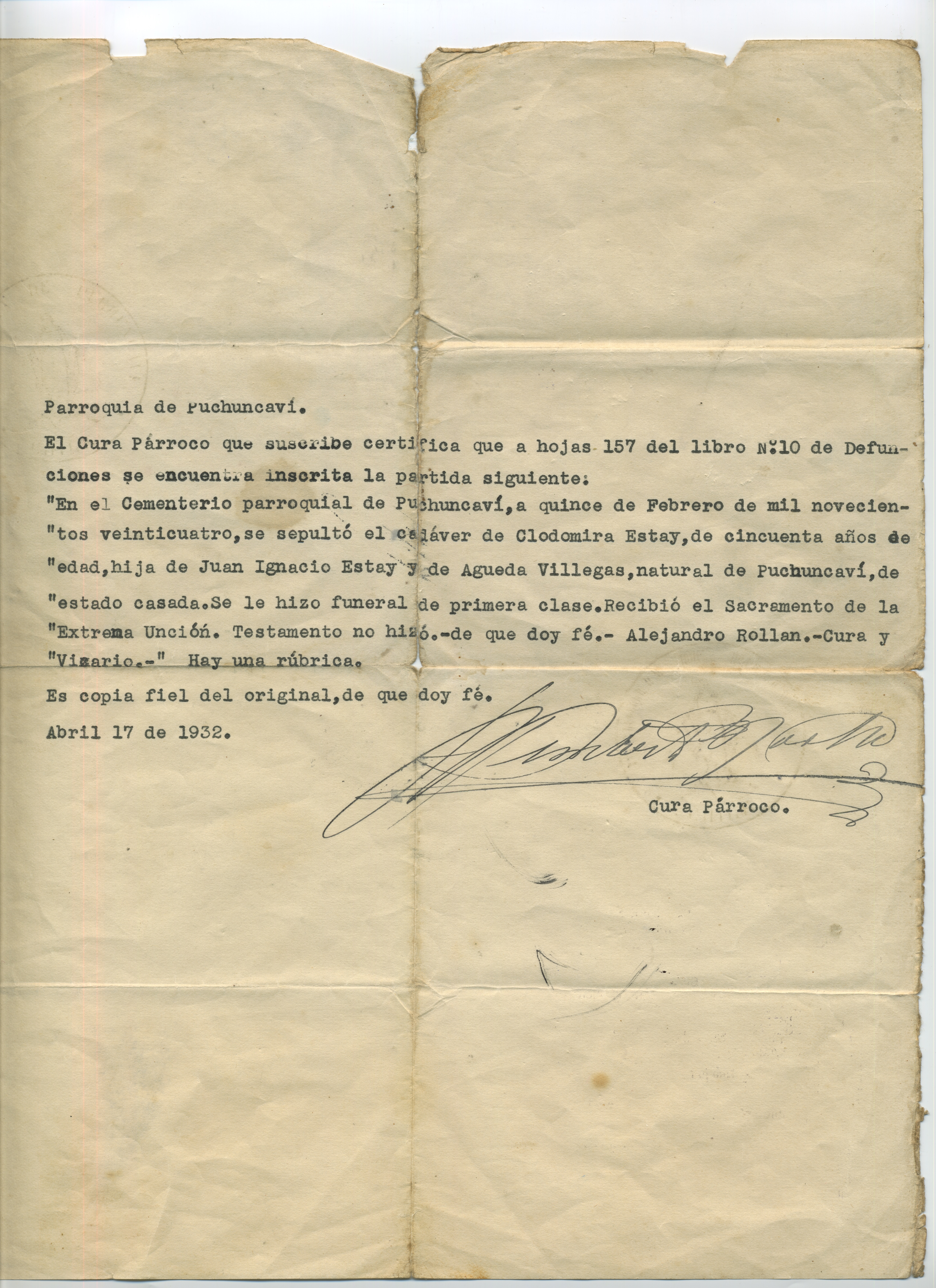 Certificado de defunción de Clodomira Estay Certificado de defunción de Clodomira Estay