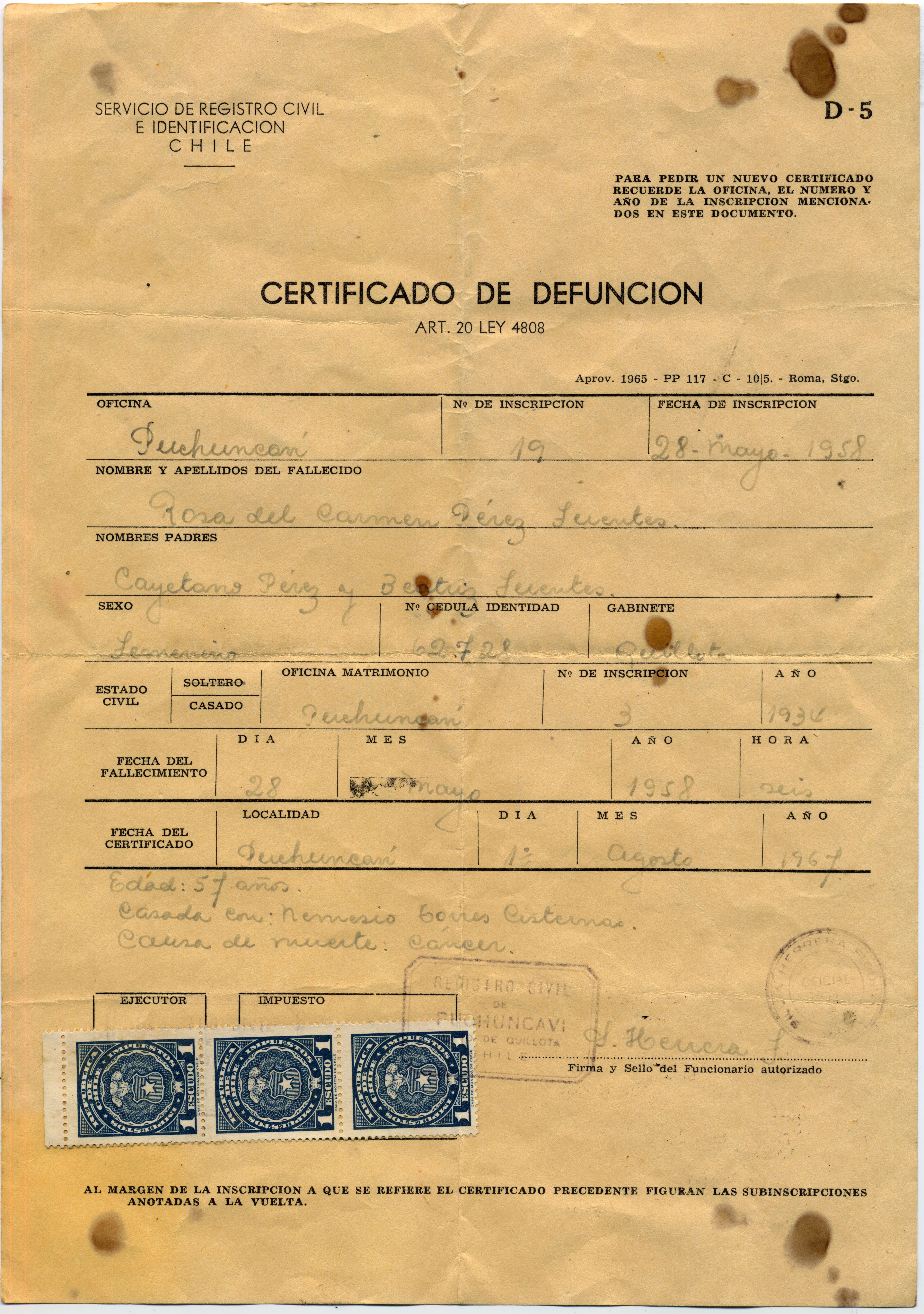 Defunción de Rosa Pérez Fuentes Defunción de Rosa Pérez Fuentes