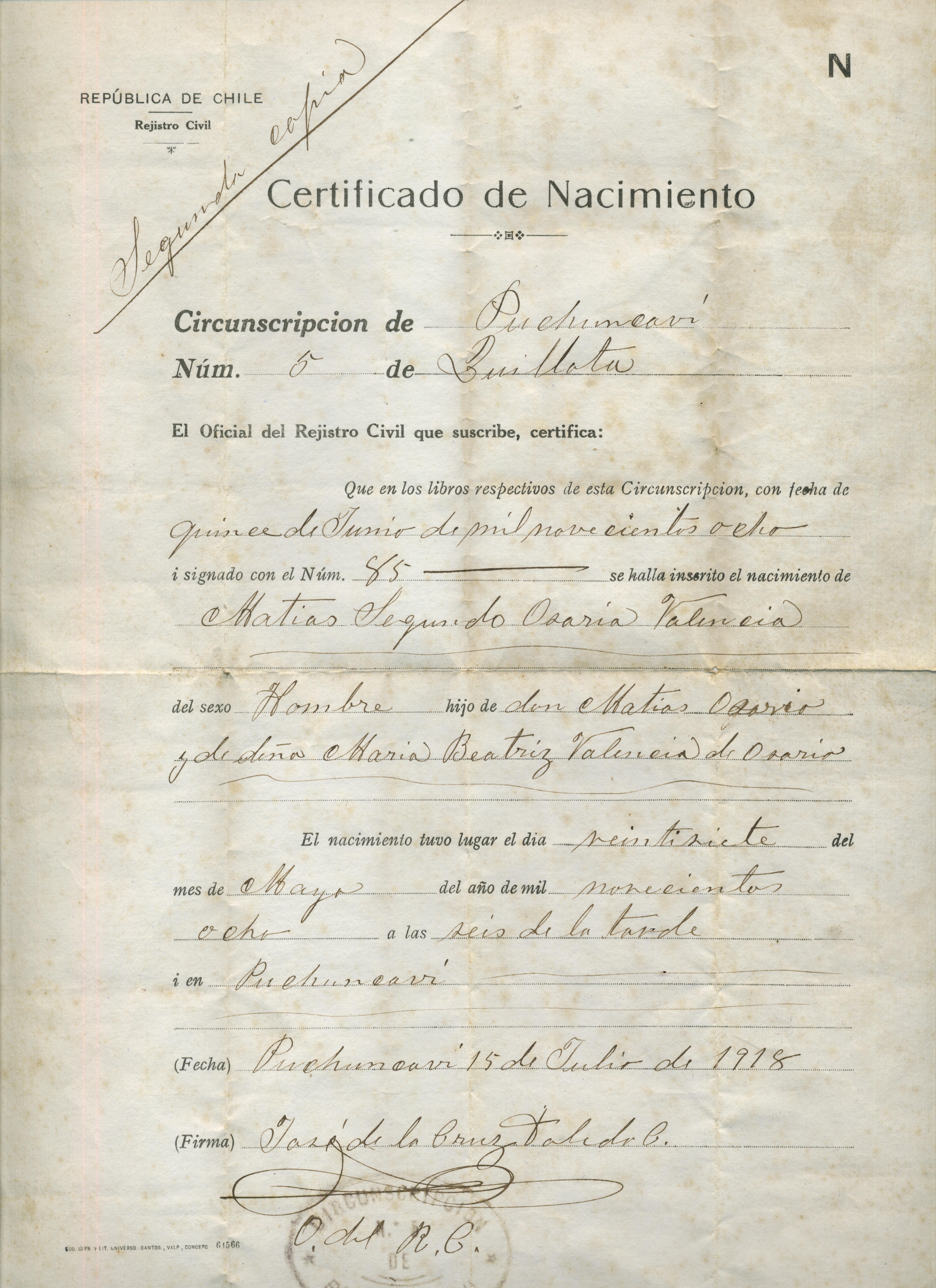 Certificado de nacimiento de Matías Osorio Valencia Certificado de nacimiento de Matías Osorio Valencia